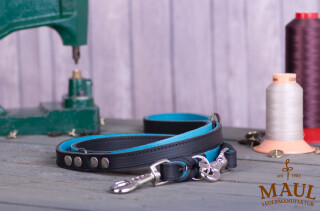 Lederleine "Premium" schwarz / türkis 2m / 15mm Eisen verchromt (silber)