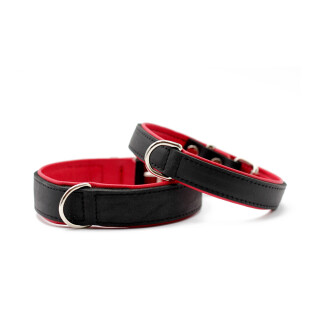 Lederhalsband Klassik-Premium schwarz/rot 50cm/27mm Eisen verchromt (silber)